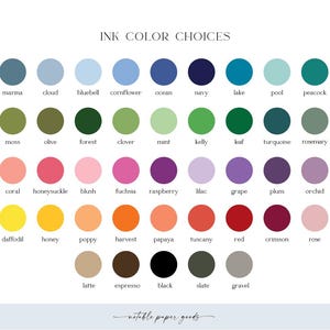 a variety of ink color choices, including shades of blue, green, purple, pink, orange, and more, arranged in a grid format.