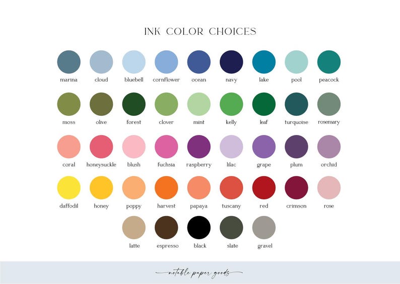 a variety of ink color choices, including shades of blue, green, purple, pink, orange, and more, arranged in a grid format.