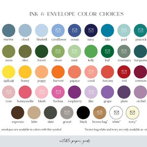 a color selection for ink and envelopes, with various colors available for use.