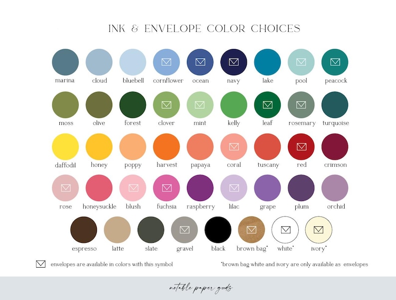 a color selection for ink and envelopes, with various colors available for use.