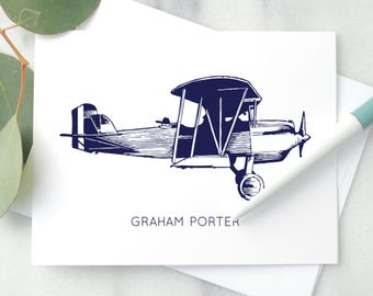 Personalized Airplane Folded Notecard Set: Vintage Pilot Stationery