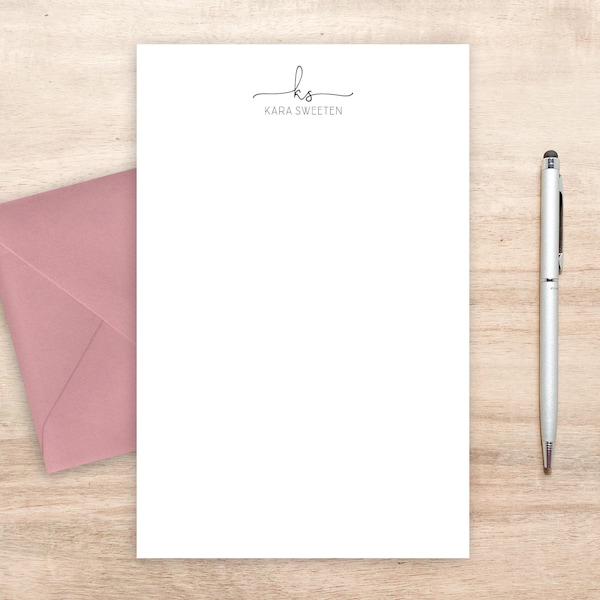 Personalized Stationery Set: Modern Letter Writing Paper with Envelopes, Cursive Initials and All-Caps Name