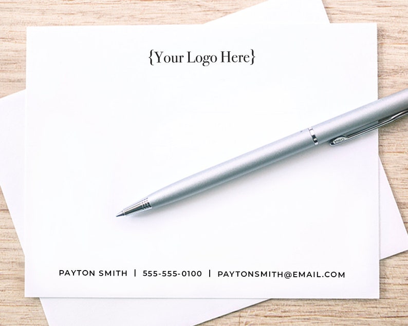 Custom Logo and Contact Information Notecard Set with Envelopes / Personalized Stationery with Logo / Notecards Printed with Business Logo image 1