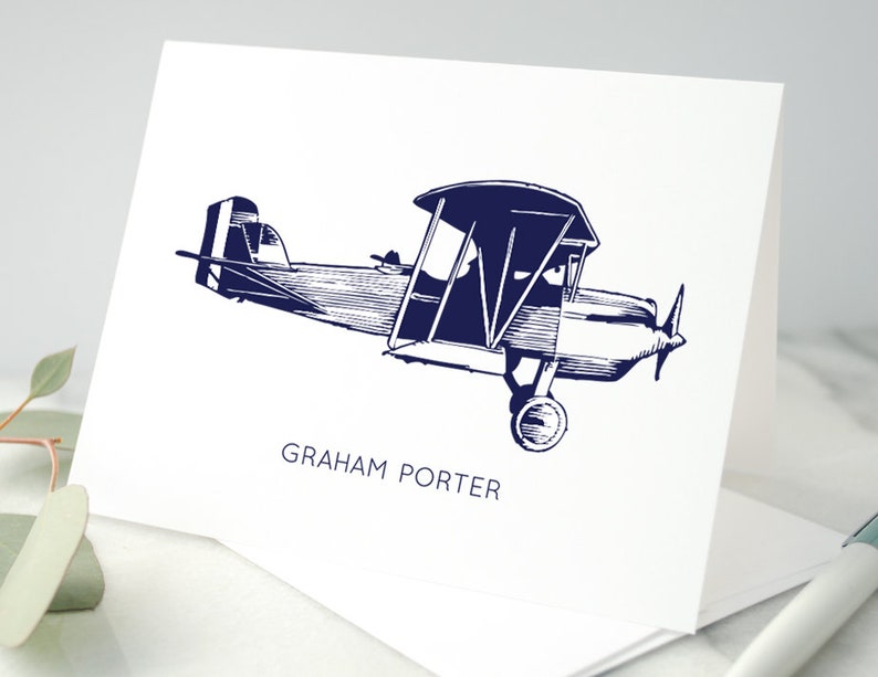 Personalized Airplane Folded Notecards with Name / Vintage Airplane Stationary Note Card Set / Stationery for Pilot / Airplane Gift for Man image 2