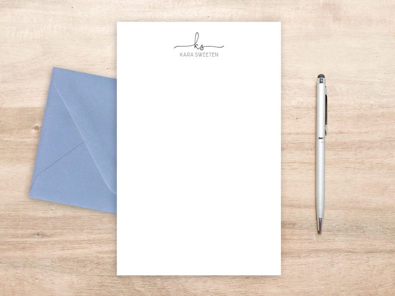 Personalized Stationery Set: Modern Letter Writing Paper with Envelopes, Cursive Initials and All-Caps Name image 2