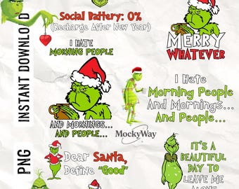 Christmas Grinch Bundle Png, 10+ Grinch Png Images + Grinch Font Digital Download, Merry Grinchmas, Grinchy Santa Png