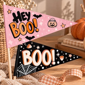 May include: Two triangular pennants on wooden sticks. The top pink pennant features the text HEY BOO! in black and orange, with bats, stars, and a pumpkin bucket. The bottom black pennant features the text BOO! in white and orange, with a spiderweb.