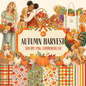Autumn Harvest Clipart, 80 Watercolor PNG, Fall Pumpkins, Farm Animals, Puppies, Fall Frames, Diverse People, Thanksgiving, Commercial Use