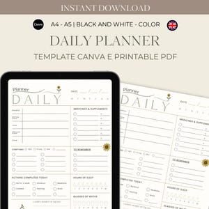 Pode incluir: Um modelo de planejador diário digital em preto e branco, com seções para agendamento, rastreamento de medicamentos e ingestão de água. O design inclui o texto "DAILY PLANNER" e "TEMPLATE CANVA E PRINTABLE PDF". Disponível nos tamanhos A4-A5.