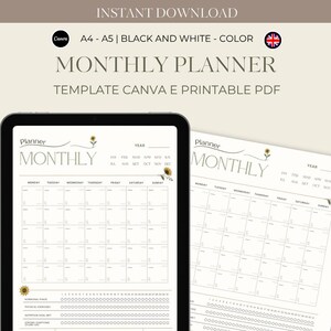 Può includere: Un modello di pianificatore mensile digitale in bianco e nero, con il testo "MONTHLY PLANNER" e "TEMPLATE CANVA E PRINTABLE PDF". Il pianificatore include sezioni per ogni giorno della settimana. L'immagine include anche il testo "INSTANT DOWNLOAD".