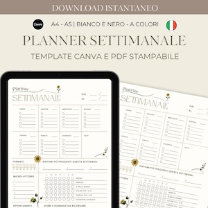 Può includere: Un modello di planner settimanale digitale in italiano, con una grafica di girasole. Il design include sezioni per ogni giorno della settimana, note e monitoraggio dei sintomi. Il testo include "PLANNER SETTIMANALE" e "TEMPLATE CANVA E PDF STAMPABILE".