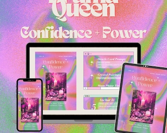 May include: A digital product bundle with the text "Astral Drama Queen Confidence + Power" displayed on a laptop, tablet, and phone. The background is a gradient of pink, purple, and green.