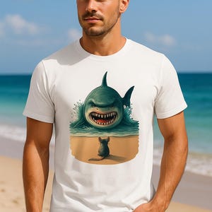 May include: White t-shirt featuring a cartoon shark with an open mouth and sharp teeth, emerging from the ocean. A small black mouse sits on the beach, looking at the shark. The word "White" is printed on the top right.