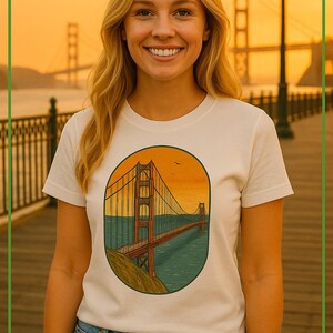 Maglietta retrò Golden Gate – Maglietta unisex con tramonto vintage a San Francisco – 100% cotone