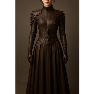 Women&#39;s Leather Warrior Corset Jacket Dress with Pauldrons & Pleated Skirt – Gothic Fantasy Armor Cosplay Outfit