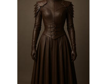Women&#39;s Leather Warrior Corset Jacket Dress with Pauldrons & Pleated Skirt – Gothic Fantasy Armor Cosplay Outfit