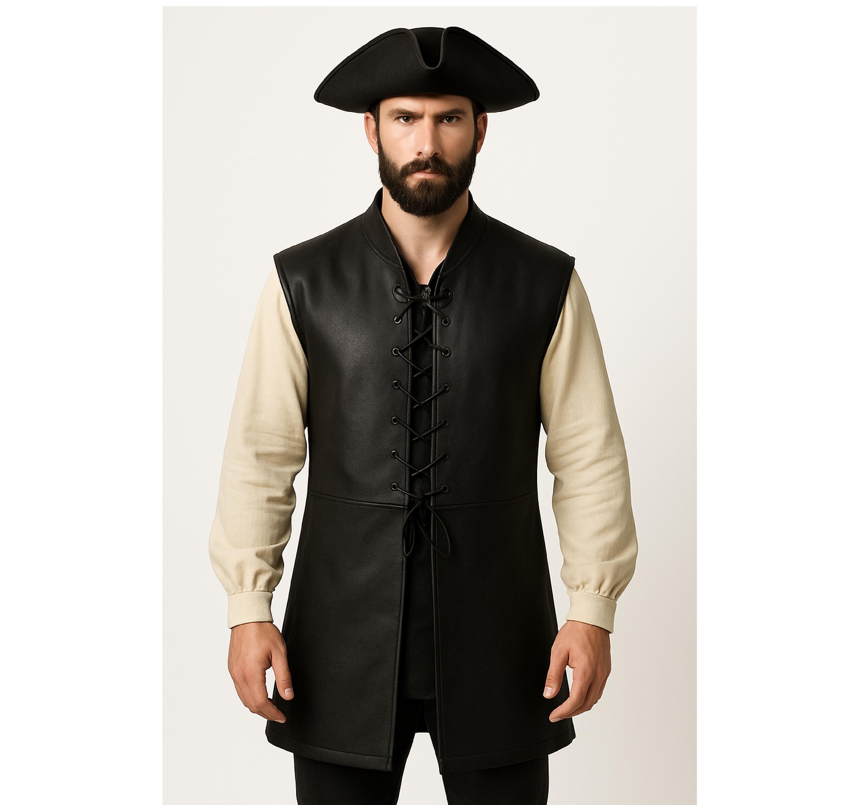 Medieval Leather Jerkin for Men – Pirate Style Thigh-Length Lace-Up Vest – Black leather jerkin – Only Jerkin Included