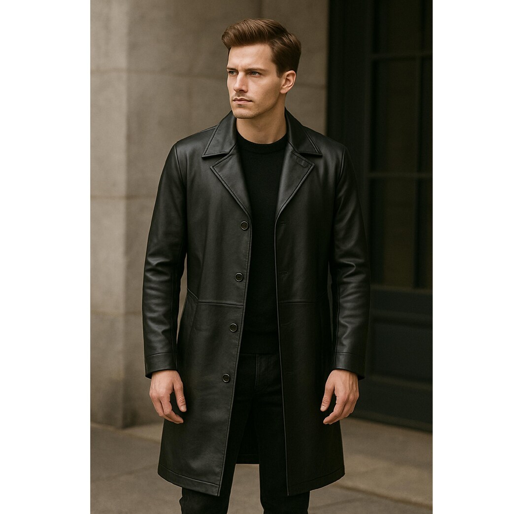 シープレザーの黒コート 羊革・シープレザー トレンチコートメンズ Sheep Leather Trench