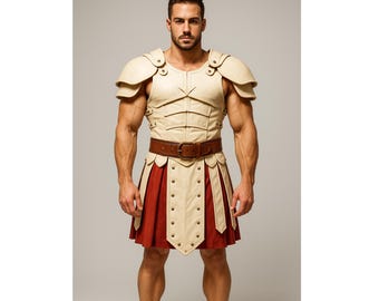 Cream White Leather Gladiator Costume for Men – Roman Warrior Armor Vest & Skirt – Handmade Historical Cosplay Outfit