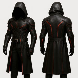 May include: Black hooded leather coat with red accent stitching. The coat features a belt, shoulder armor, and gloves. The design includes a long coat with a hood and a tailored fit.