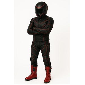 Może przedstawiać: Czarny kombinezon motocyklowy z czerwonymi liniami akcentującymi, pasujący kask i czerwone buty. Kombinezon składa się z kurtki i spodni, z czerwonymi liniami podkreślającymi szwy. Buty mają klamry i paski.