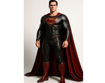 Black Leather Superman-Inspired Hero Suit with Maroon Cape – Real Leather Costume for Cosplay or Events