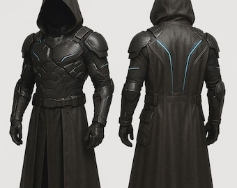 Futuristic Black Leather Cloak with Armored Chest Plate – Cyberpunk Warrior Hooded Outfit