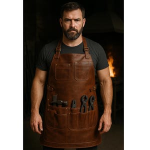 Handcrafted Brown Leather Blacksmith Apron with Tool Pockets | Heavy-Duty Artisan Workwear for Men