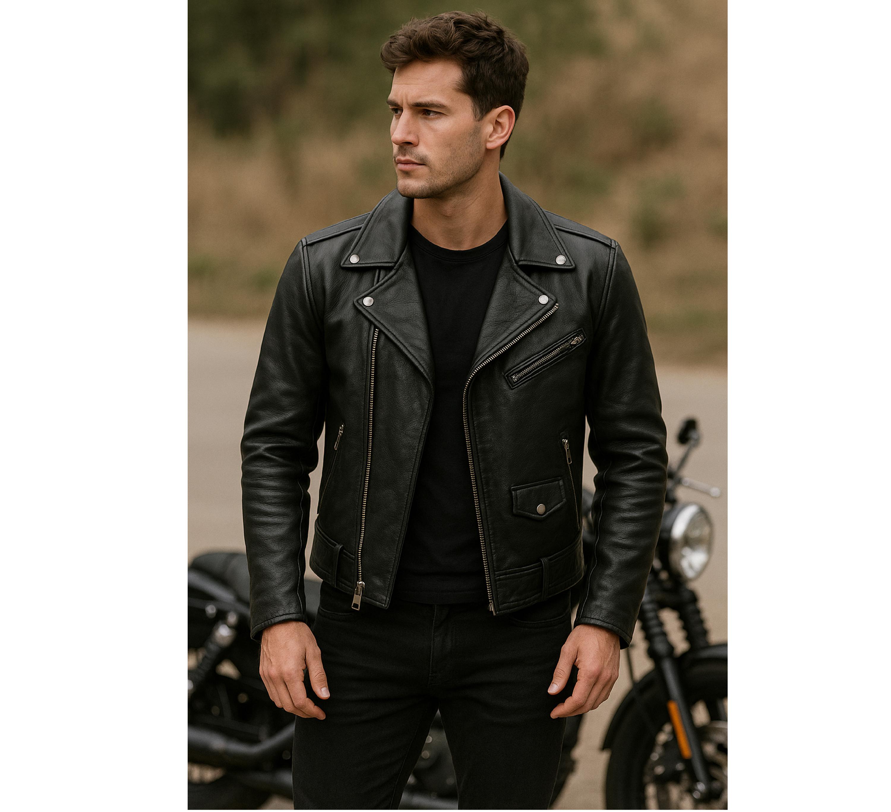 Handmade Black Leather Biker Jacket: Asymmetrical Zip, Silver