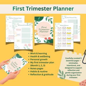 Pode incluir: Um planejador do primeiro trimestre com um design floral. O planejador inclui páginas para metas, planos, hábitos e reflexão. A capa apresenta o texto "First Trimester Planner". O planejador foi projetado para apoiar a reflexão e a organização.