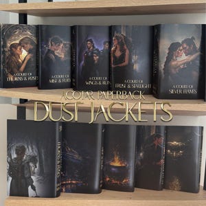 Set of five ACOTAR dust jackets designed for ACOTAR book series with fan-designed dust jackets on a bookshelf, aesthetic fantasy decor for book lovers