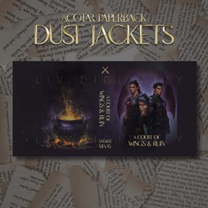 May include: A book cover for "A Court of Wings & Ruin" by Sarah Maas. The cover features two male figures, a cauldron with flames, and the text "LIV DIGITALLY". The background is a collage of aged paper.