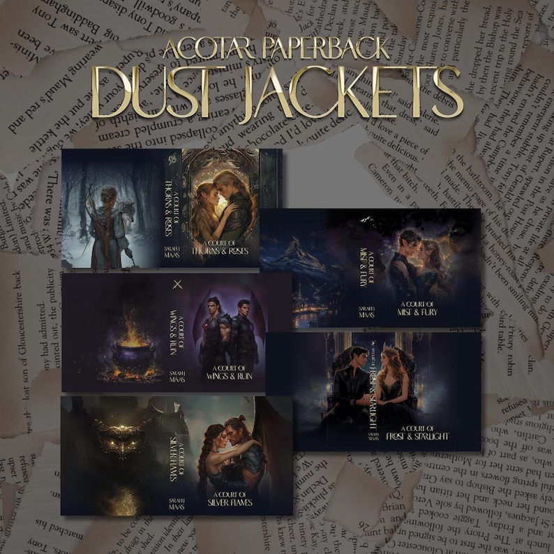 Set of five ACOTAR dust jackets designed for UK paperback books, fan-made printable book covers laid out in a row, perfect for fantasy bookshelf decor