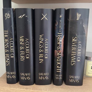 Front, spine, and back view of a printable A Court of Thorns and Roses dust jacket design, fitted to UK paperback size