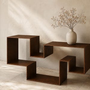 Cortenstaal doolhof consoletafel | Sculpturale haltafel | Modern geometrisch metalen meubel