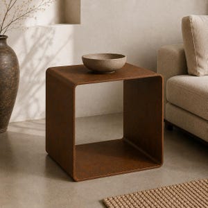 Corten Steel Cube Side Table | Minimalist Sculptural Accent Table