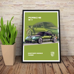 May include: A framed poster featuring a green Porsche 911 Turbo. The poster has a green background with the text "PORSCHE 911" and "GUNTHER WERKS TURBO". A potted plant sits to the left of the poster.