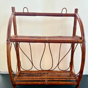 Bamboo Wall Shelf – Vintage Two-Tier Boho Rattan Rack with Curved Frame & Wavy Side Detail