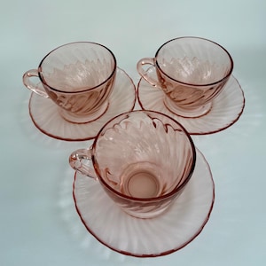 Arcoroc France - Rosaline Pink Swirl - Depression Glass Tea Cup & Saucer SET OF SIX
