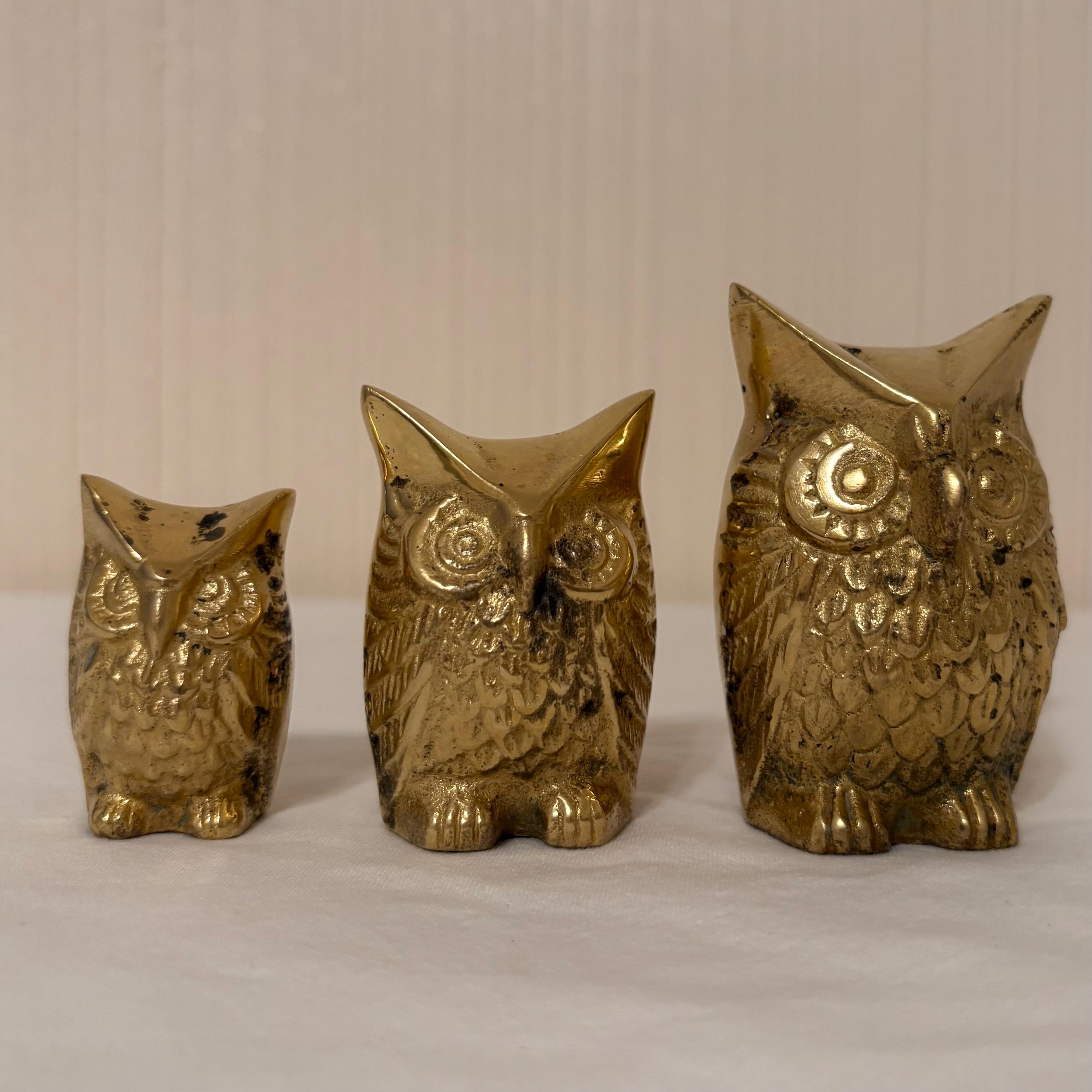 Set of 3 Vintage Brass Owl Figurines – Small Decorative Owls, Mid-Century Style
