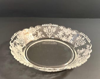 Vintage Etched Clear Glass Shallow Bowl, Floral Serving Bowl, Scalloped Edge, Elegant Glass Candy Dish, Cottagecore Décor