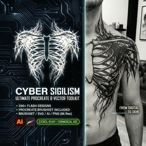 Könnte beinhalten: Digitales Kunstdesign eines Brustkorbs, mit dem Text "CYBER SIGILISM" und "ULTIMATE PROCREATE & VECTOR TOOLKIT." Enthält Details wie "200+ FLASH DESIGNS" und "STENCIL READY / COMMERCIAL USE."