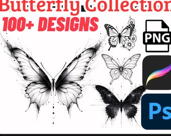 Butterfly Collection 100+ ontwerpen + sjabloon / penseelset + png- en psd-bestanden / procreate-bundel / flitsset