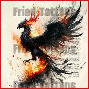 Phoenix Rising Trash Polka Tattoo Design | Rebirth Art Template | Black Red Fire Digital Download JPG