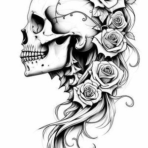 Feminine Skull with Roses Gothic Tattoo Design - High Quality Digital Art for Tattoo Artists