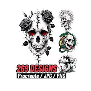 Pode incluir: Uma coleção de desenhos de caveiras em preto e branco com detalhes em vermelho. Uma caveira é adornada com rosas pretas e espinhos. A imagem inclui o texto "269 DESIGNS" e "Procreate / JPG / PNG".