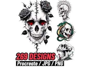 May include: A collection of skull designs in black and white with red accents. One skull is adorned with black roses and thorns. The image includes the text "269 DESIGNS" and "Procreate / JPG / PNG".