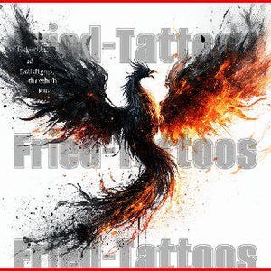 Phoenix Rising Trash Polka Tattoo Design | Rebirth Art Template | Black Red Fire Digital Download JPG