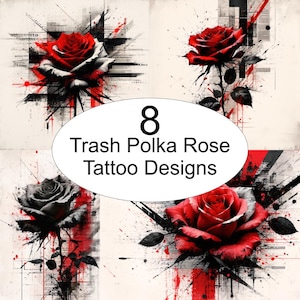 8 Trash Polka Rose Tattoo Designs Bundle - Instant Download JPG Files - Black Red Gothic Tattoo Flash Art Collection