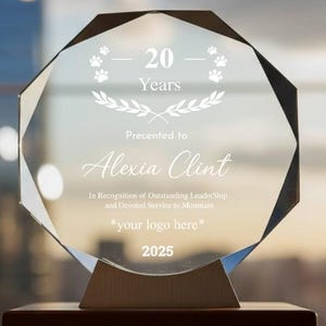 Engraved Crystal 20 Year Anniversary Award: Employee Recognition Trophy